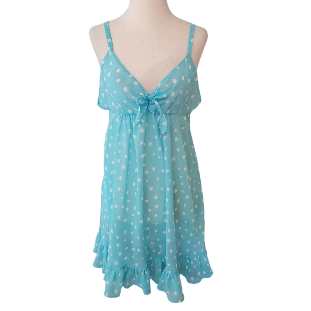 Oscar De La Renta Blue & White Polka Dot Babydoll Chemise Medium